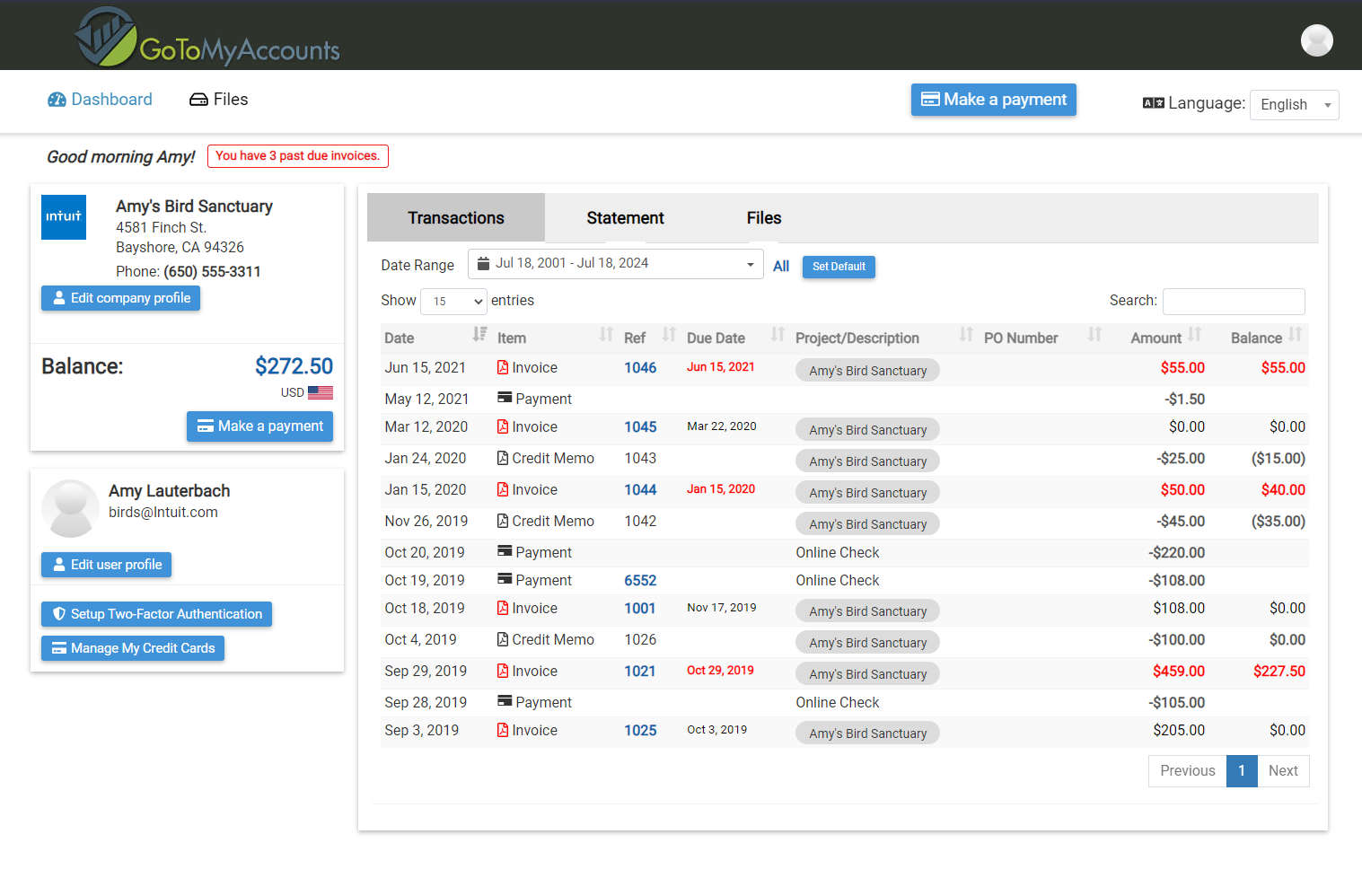 GoToMyAccounts Customer Dashboard